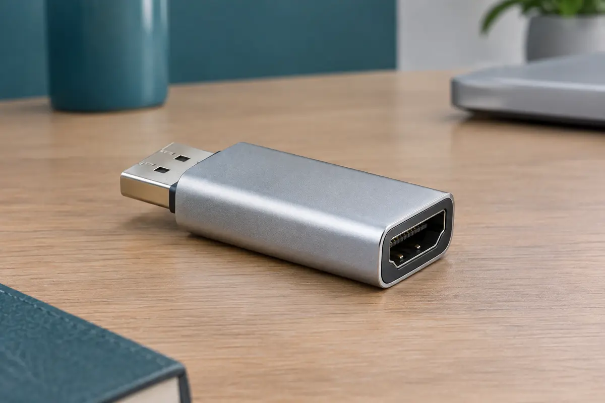 Adaptateur vidéo compact en aluminium argenté avec connecteur DisplayPort mâle et port HDMI femelle