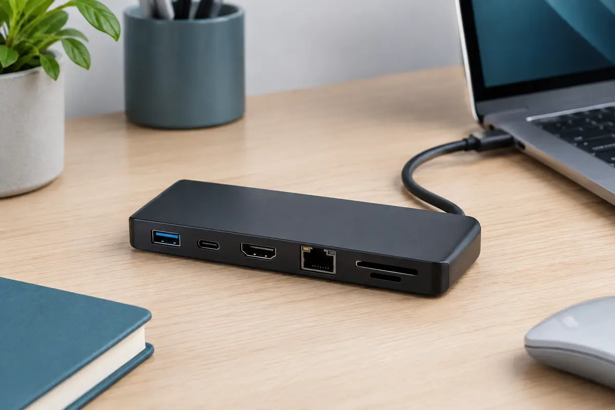 Station d’accueil USB-C noire avec ports HDMI, Ethernet, USB-A et lecteurs de cartes sur un bureau
