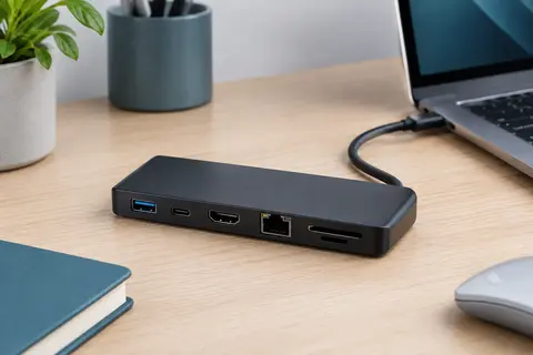 Station d’accueil USB-C noire avec ports HDMI, Ethernet, USB-A et lecteurs de cartes sur un bureau