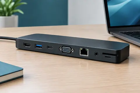 Station d’accueil USB-C noire avec ports HDMI, VGA, USB, Ethernet, lecteurs de cartes et prise audio
