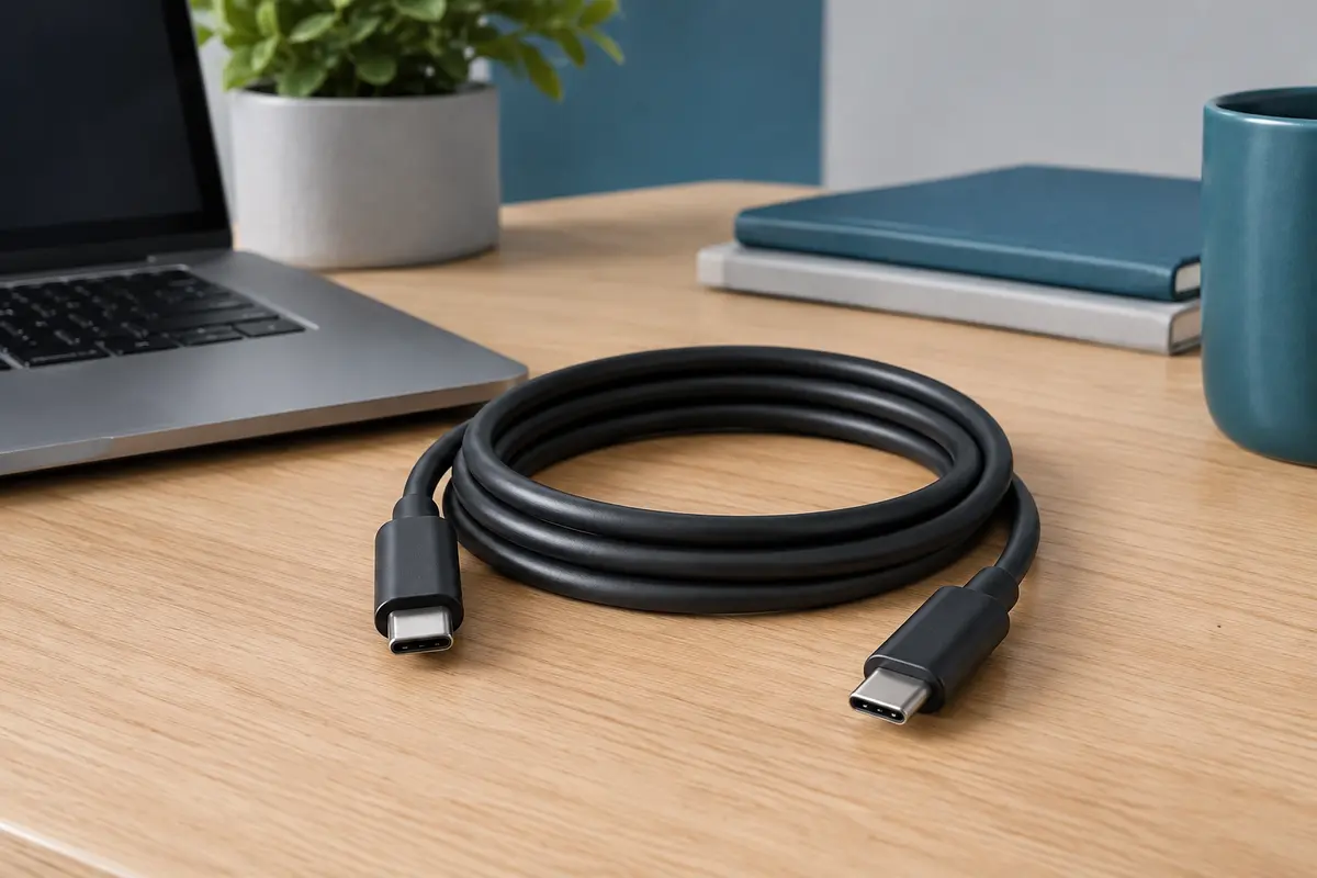 Câble USB-C Lenovo noir d’un mètre enroulé sur un bureau clair, avec ses connecteurs visibles.