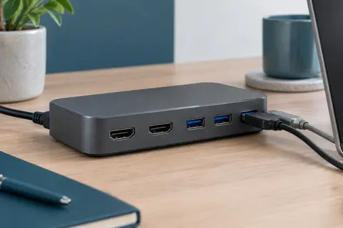 Station d’accueil Lionwei gris foncé avec deux ports HDMI et trois ports USB-A sur un bureau