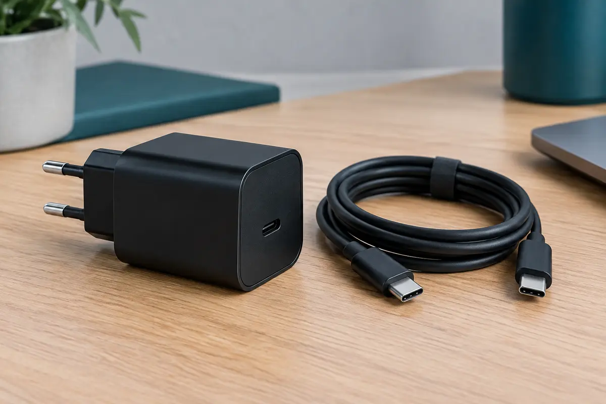 Chargeur secteur USB-C noir avec son câble, posé sur un bureau en bois clair