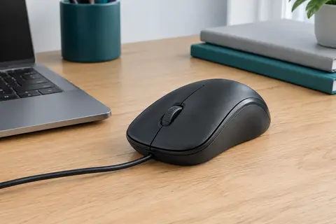 Souris filaire noire ambidextre Logitech B110 Silent avec câble USB sur un bureau clair.