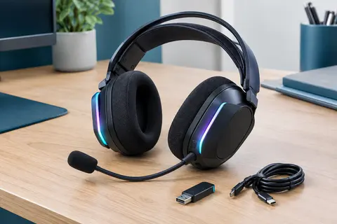 Casque gamer noir avec bandeau à suspension, microphone amovible et éclairage RVB sur les oreillettes.