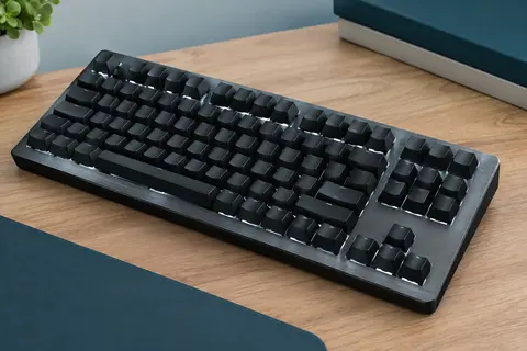 Clavier gaming mécanique TKL noir à rétroéclairage LED blanc posé sur un bureau sobre en bois.