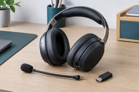 Casque gaming noir sans fil avec arceau métallique, coussinets rembourrés et microphone détachable sur un bureau sobre.