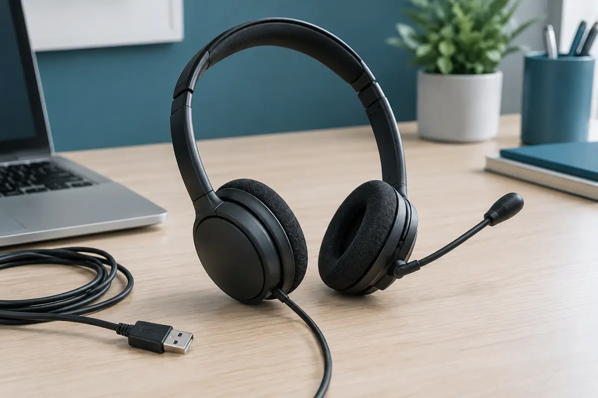 Casque USB noir avec microphone réglable et câble posé sur un bureau clair