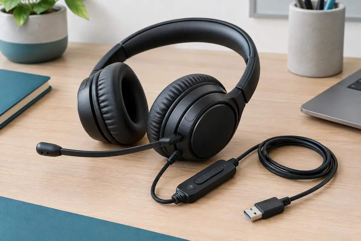 Casque informatique noir à arceau avec micro pivotant, coussinets rembourrés et commandes sur câble USB-A.