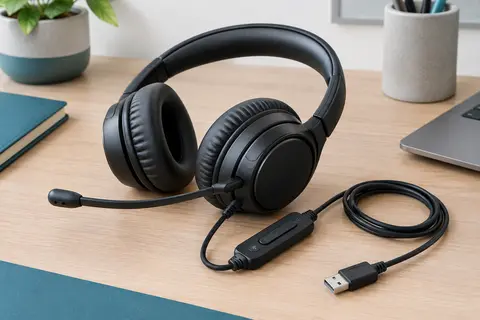 Casque informatique noir à arceau avec micro pivotant, coussinets rembourrés et commandes sur câble USB-A.