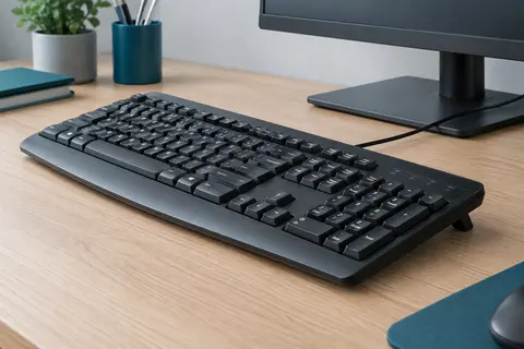 Clavier filaire noir de taille standard avec pavé numérique posé sur un bureau en bois clair