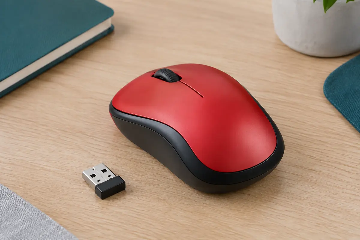 Souris sans fil compacte rouge avec molette noire et nano-récepteur USB sur un bureau en bois clair