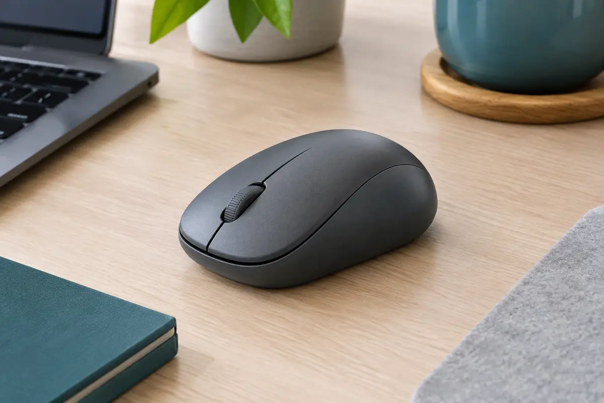 Souris Bluetooth compacte grise avec deux boutons et une molette, posée sur un bureau sobre