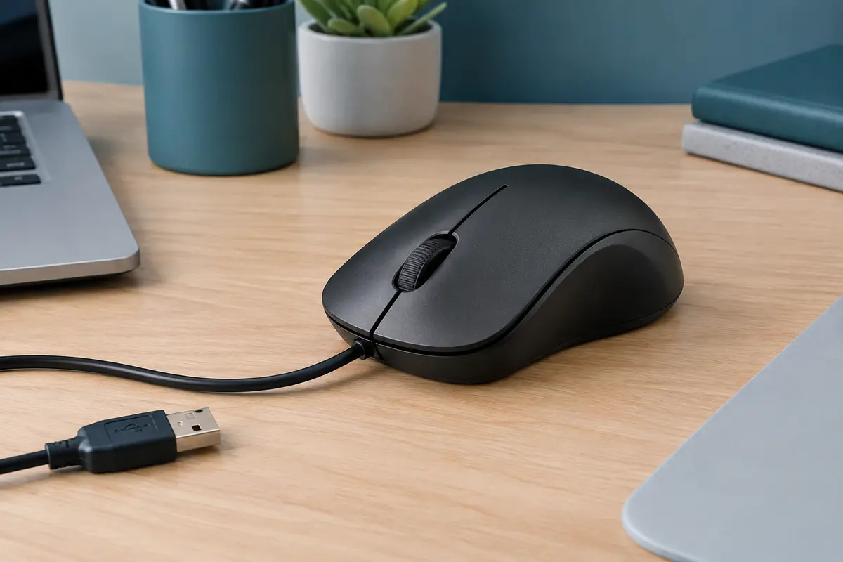 Souris filaire noire avec molette et câble USB posée sur un bureau en bois clair