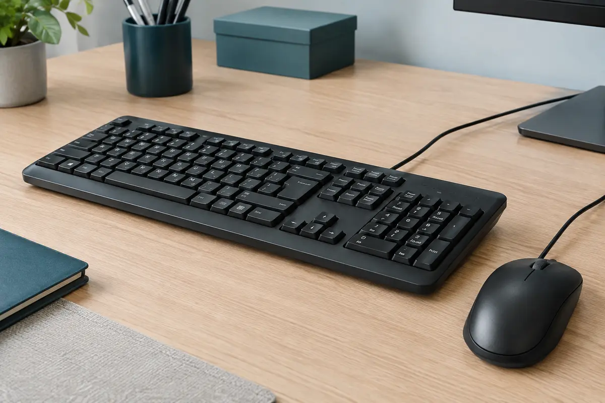 Ensemble clavier AZERTY de taille standard avec pavé numérique et souris optique ambidextre filaire sur un bureau.