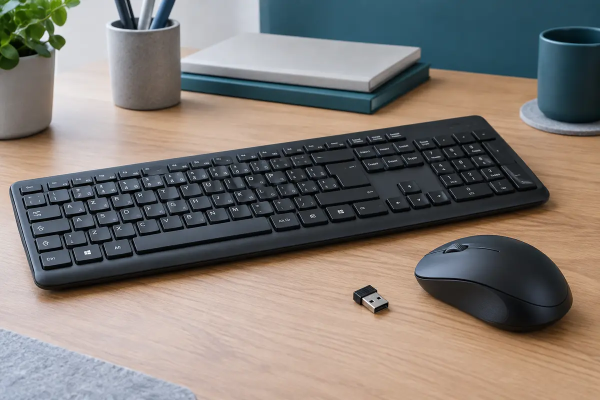Ensemble noir avec clavier AZERTY à pavé numérique, souris optique compacte et récepteur USB