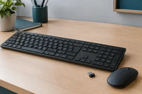 Clavier AZERTY compact avec pavé numérique et souris sans fil ambidextre sur un bureau en bois