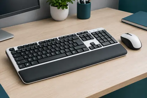 Ensemble clavier AZERTY pleine grandeur et souris optique sans fil posé sur un bureau sobre