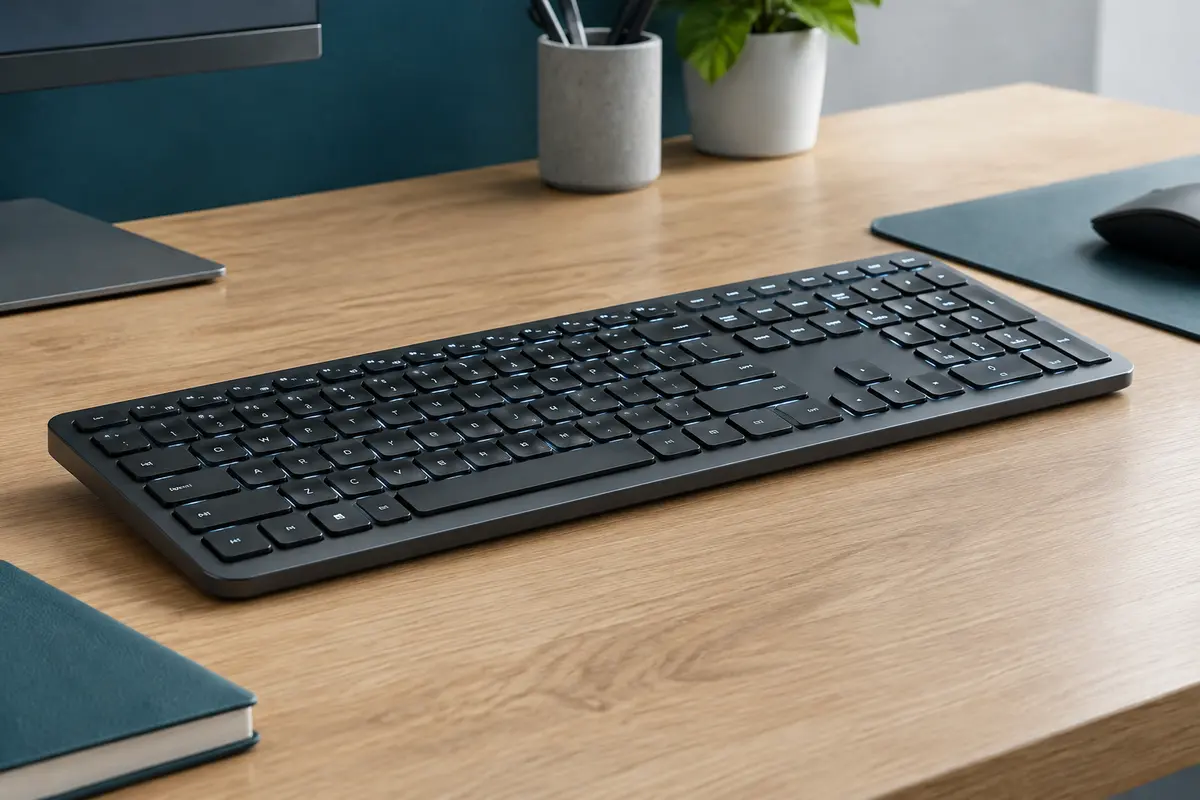 Clavier sans fil complet graphite rétroéclairé, avec touches concaves et pavé numérique sur un bureau en bois.