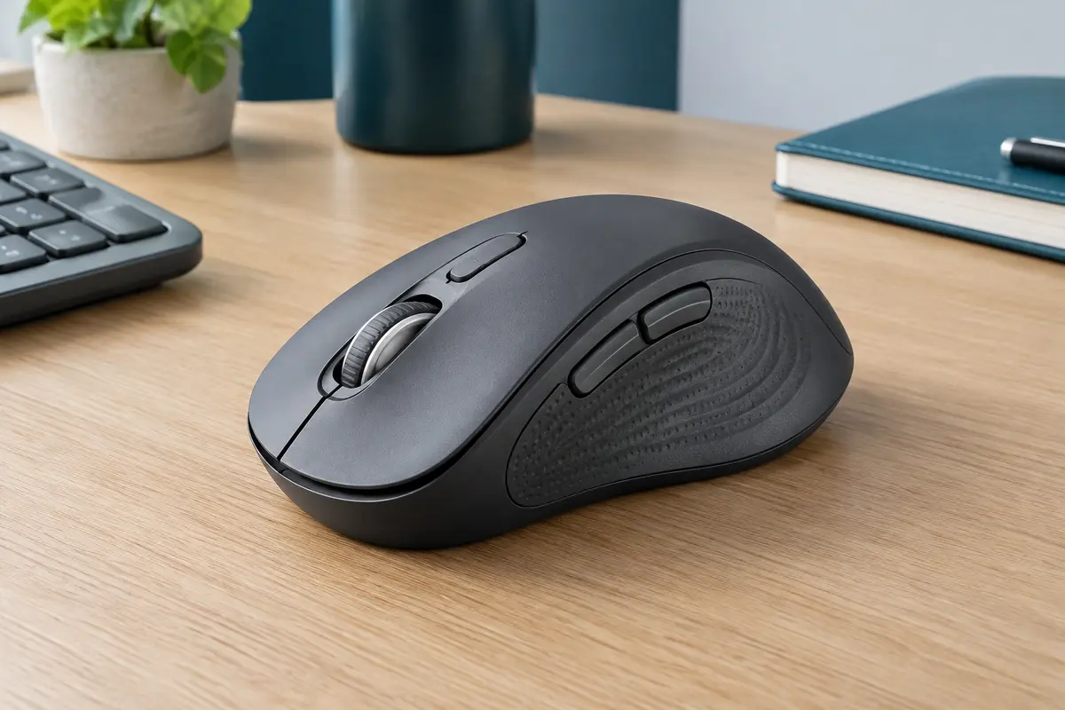 Souris sans fil grise à forme droitière, avec SmartWheel et côtés en caoutchouc, posée sur un bureau.