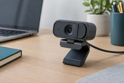 Webcam graphite Logitech Brio 100 avec objectif Full HD et volet de confidentialité, posée sur un bureau clair.