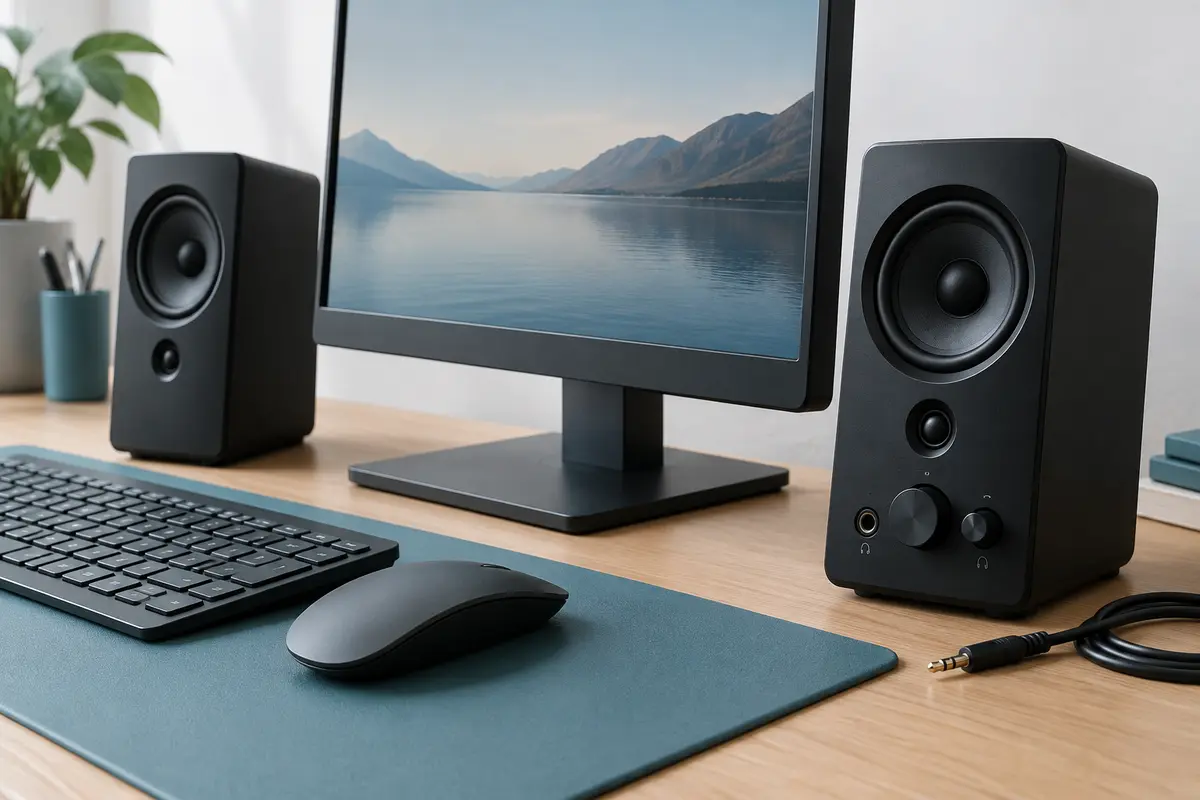 Deux enceintes PC noires sur un bureau, avec les commandes et la prise casque visibles sur l’enceinte droite.