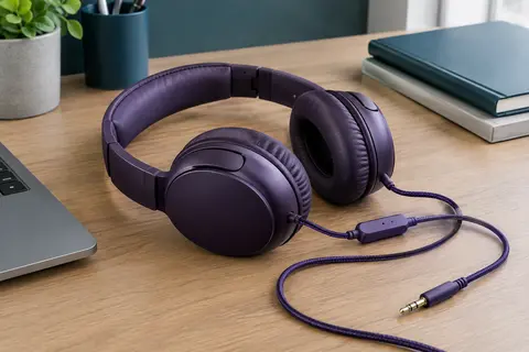 Casque Lorelei X8 violet foncé pliable avec microphone en ligne et câble tressé sur un bureau.