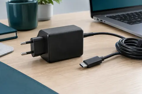Chargeur secteur USB-C noir avec câble, posé sur un bureau sobre près d’un ordinateur portable.
