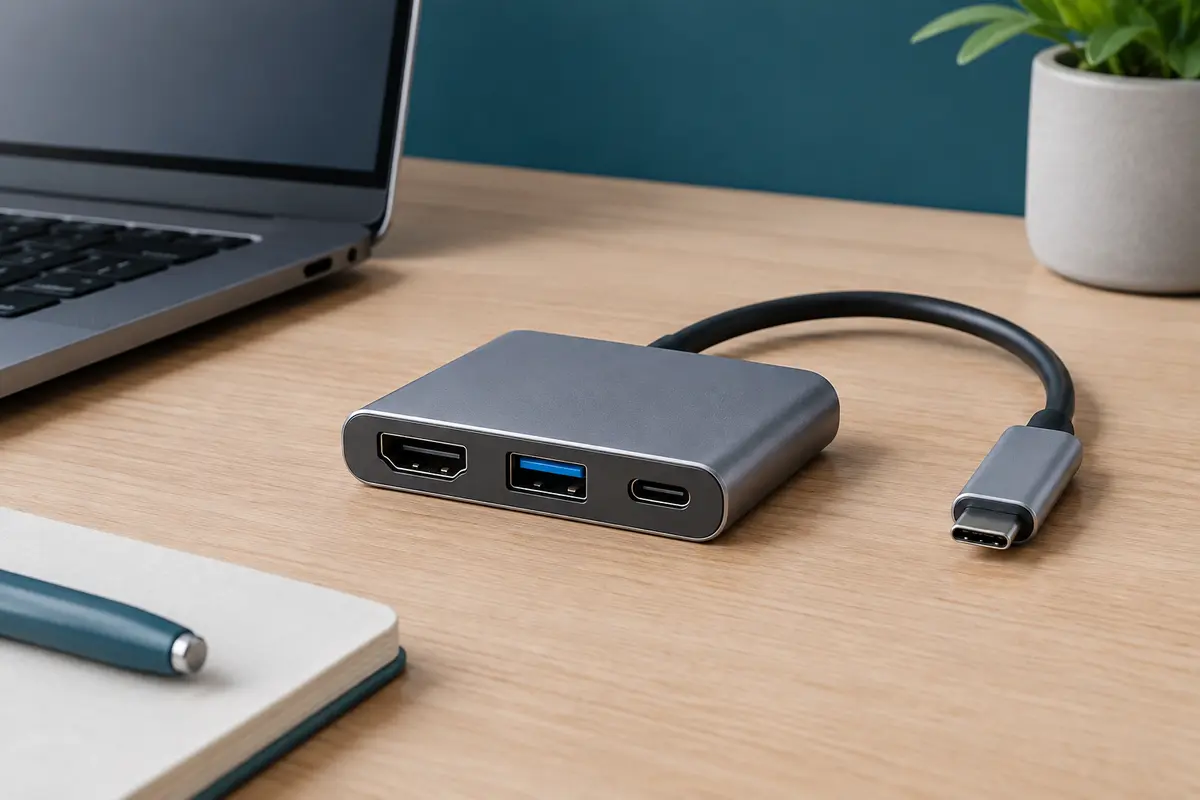 Adaptateur USB-C compact en aluminium gris avec ports HDMI, USB-A et USB-C sur un bureau en bois.