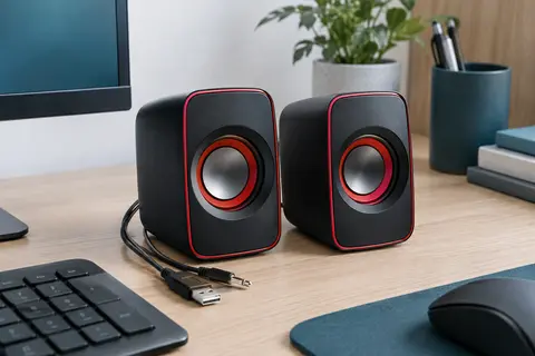 Enceintes compactes Mars Gaming MS1 noires et rouges avec connecteurs jack 3,5 mm et USB sur un bureau