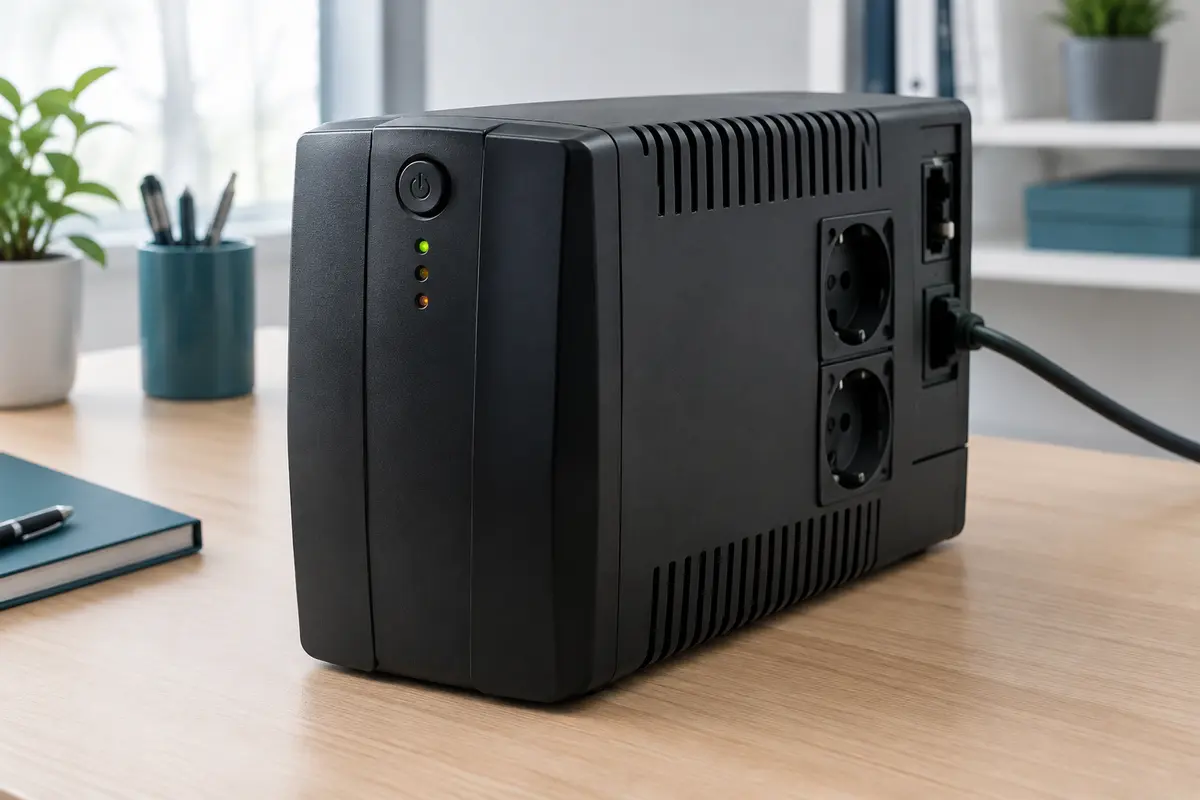 Onduleur informatique noir compact posé sur un bureau en bois, avec ses prises et connexions visibles.