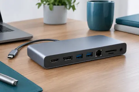 Station d’accueil USB-C grise en aluminium, avec ports vidéo, USB et réseau visibles sur un bureau sobre.