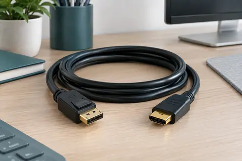 Câble noir DisplayPort vers HDMI de 1,8 m posé sur un bureau clair, connecteurs visibles.