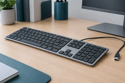 Clavier filaire AZERTY gris et noir avec pavé numérique, posé sur un bureau en bois clair.