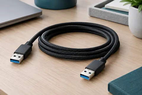Câble USB 3.0 noir tressé avec deux connecteurs USB-A mâles posé sur un bureau en bois.