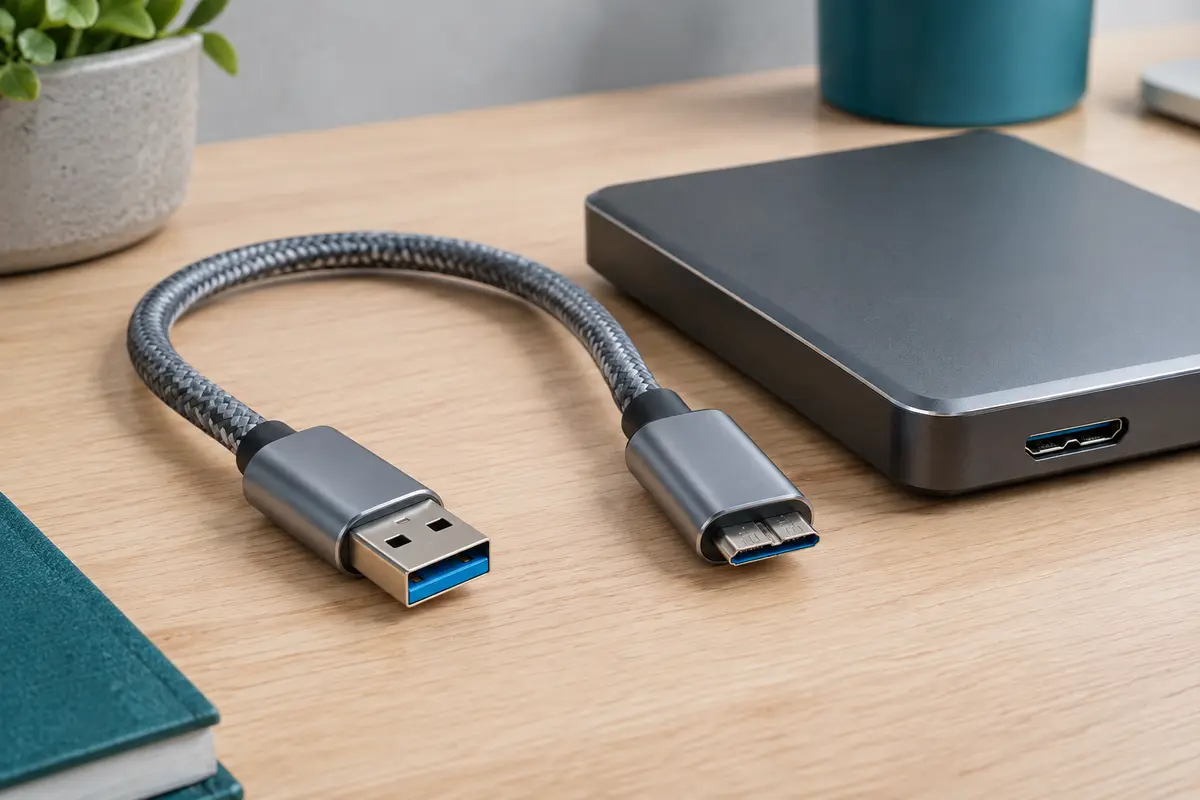 Câble gris tressé USB-A vers Micro-B USB 3.0 posé près d’un disque dur externe sur un bureau.