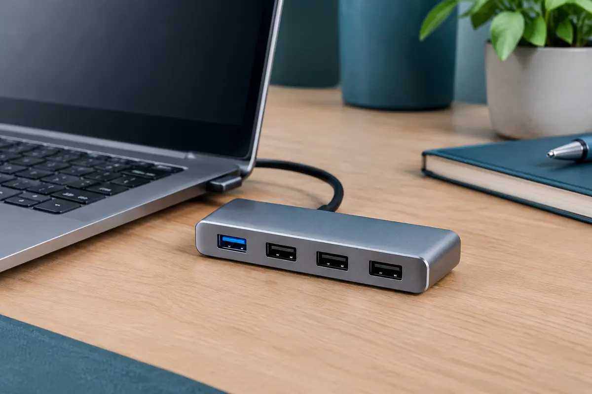 Hub USB métallique gris à quatre ports posé sur un bureau clair près d’un ordinateur portable.