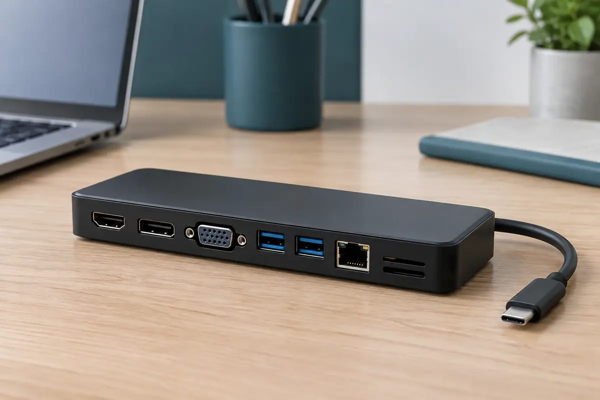 Station d’accueil USB-C noire MOKiN avec sorties vidéo et ports de connexion visibles sur un bureau