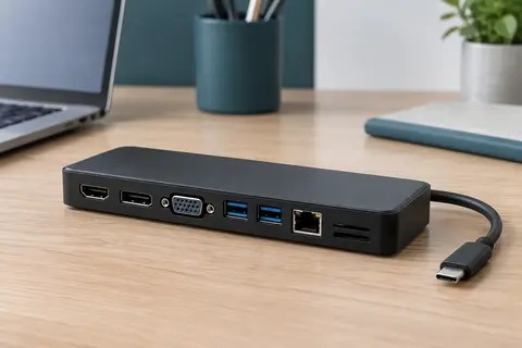 Station d’accueil USB-C noire MOKiN avec sorties vidéo et ports de connexion visibles sur un bureau