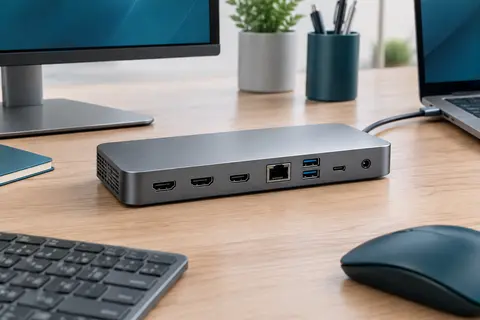 Station d’accueil USB-C grise avec ports vidéo, Ethernet et USB sur un bureau en bois clair.