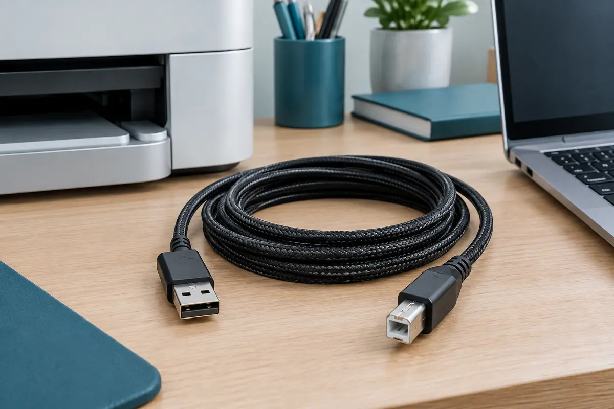 Câble USB 2.0 noir tressé avec connecteurs A et B posé près d’une imprimante sur un bureau.