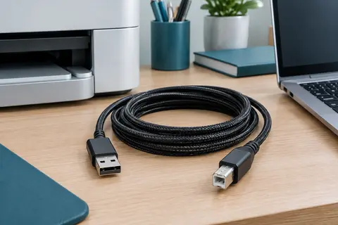 Câble USB 2.0 noir tressé avec connecteurs A et B posé près d’une imprimante sur un bureau.