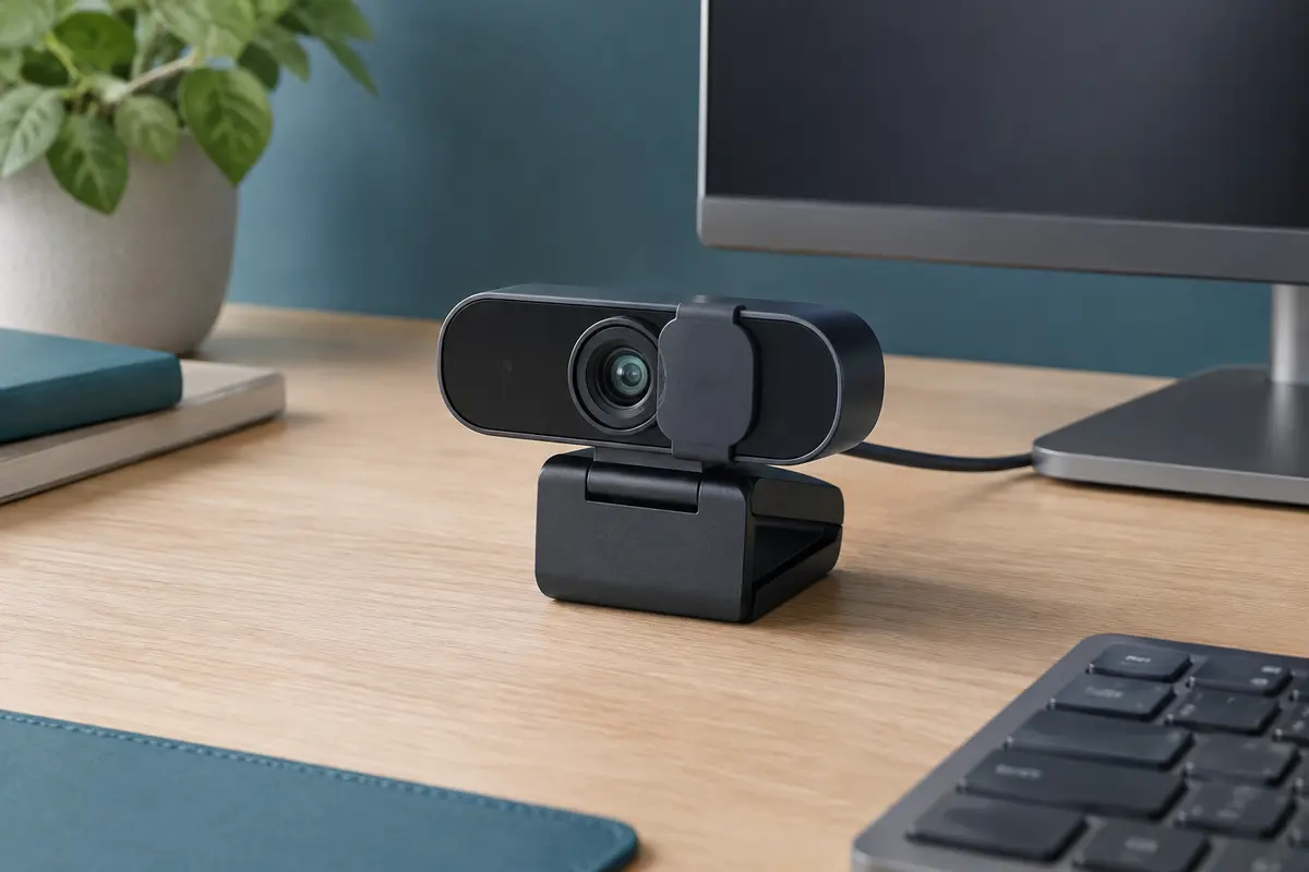 Webcam USB avec objectif frontal et cache de confidentialité, posée sur un bureau de travail sobre