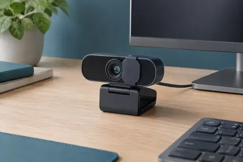 Webcam USB avec objectif frontal et cache de confidentialité, posée sur un bureau de travail sobre