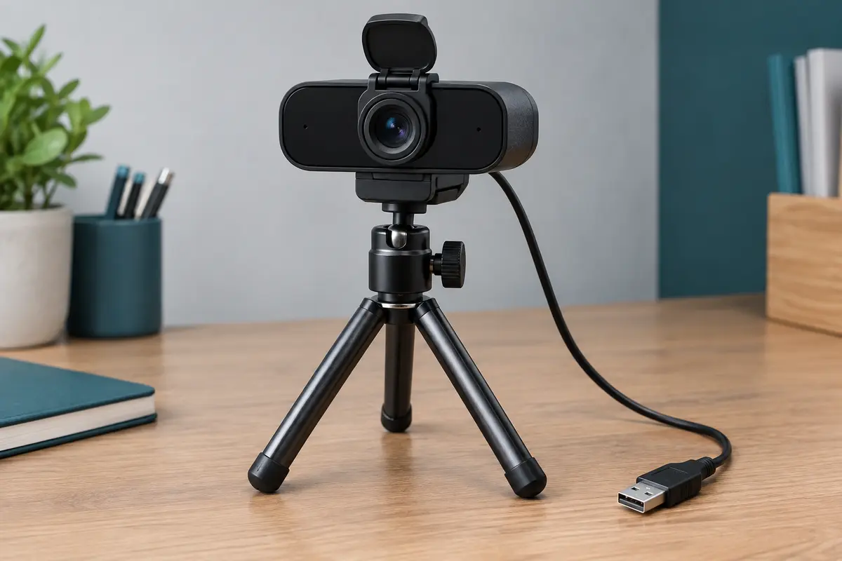 Webcam USB noire avec cache de confidentialité et trépied métallique posée sur un bureau en bois.