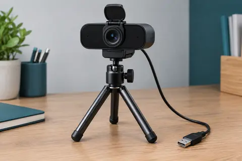 Webcam USB noire avec cache de confidentialité et trépied métallique posée sur un bureau en bois.