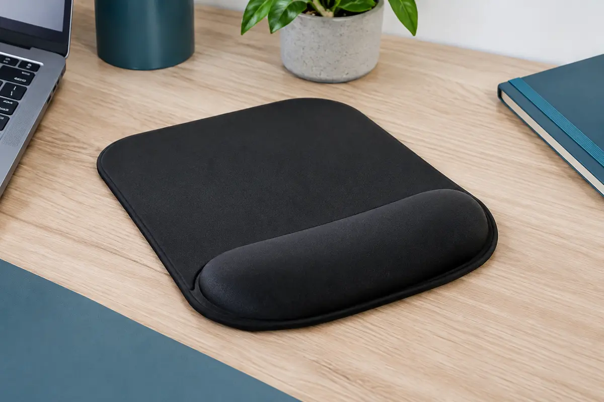 Tapis de souris noir compact avec repose-poignet rembourré posé sur un bureau en bois clair