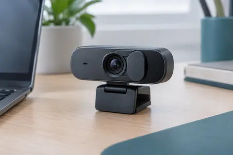Webcam USB Nework EasyCam 502 montrant son objectif et son cache de confidentialité sur un bureau sobre