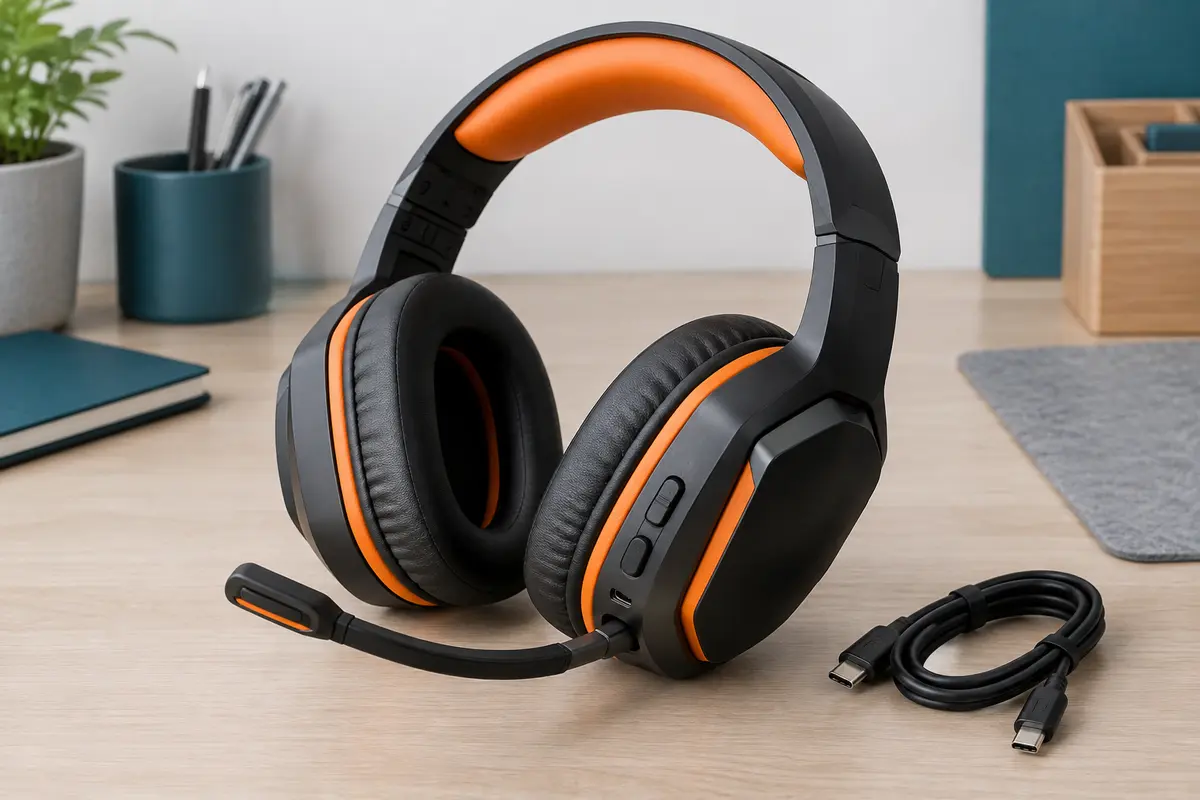 Casque gaming noir et orange avec microphone, posé sur un bureau aux tons bleu pétrole et bois clair