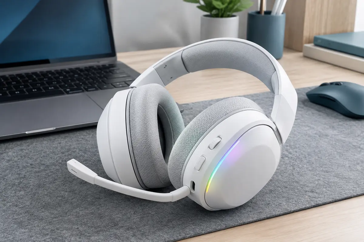 Casque gaming blanc sans fil avec microphone rabattable posé sur un bureau sobre aux tons bleu pétrole et bois.